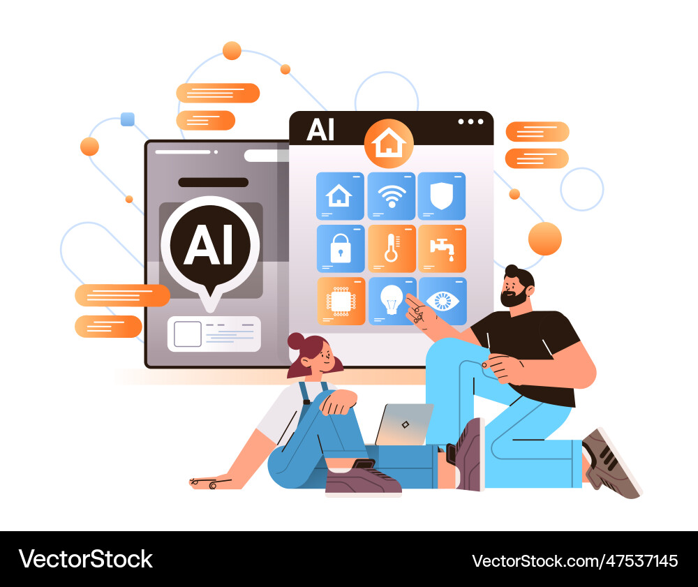 People using home automation assistant computer People using home automation assistant computer vector image