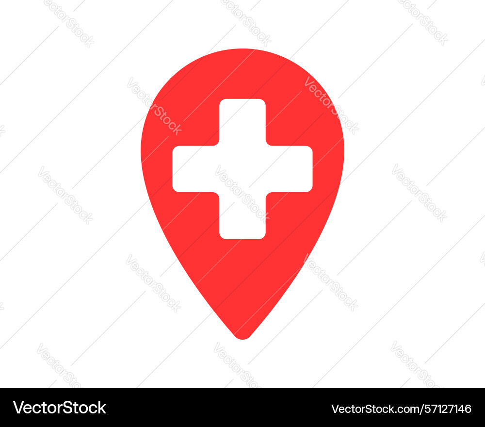 Red map pin with a white cross inside symbolizing Red map pin with a white cross inside symbolizing Vector Image