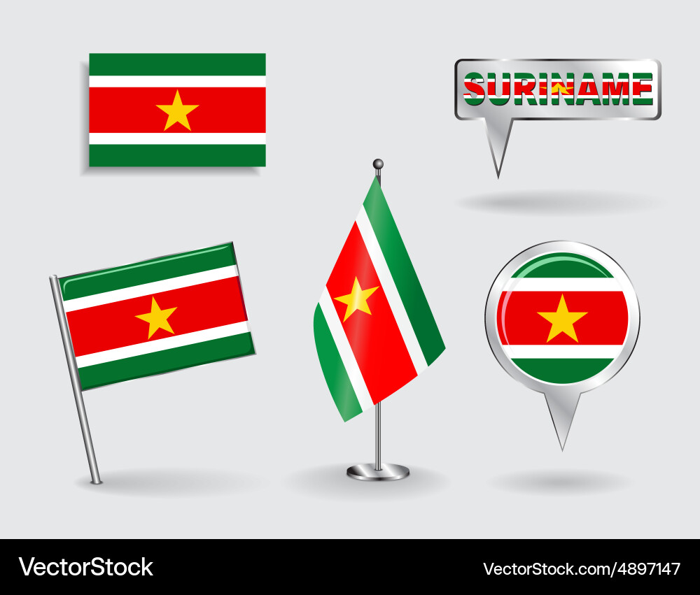 Set of surinamese pin icon and map pointer flags vector image