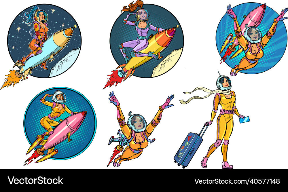 Set of female astronaut a woman on rocket Set of female astronaut a woman on rocket vector image