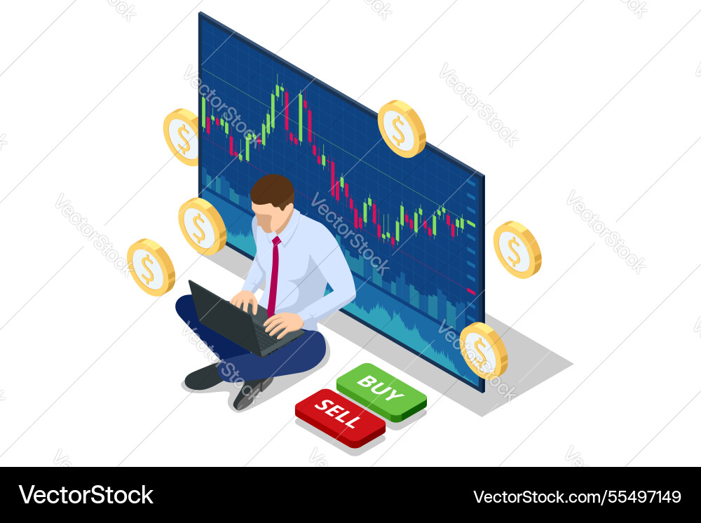 Isometric of a trader sitting on laptop Isometric of a trader sitting on laptop vector image