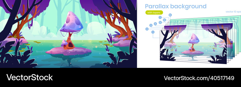Parallax background for fantasy game with mushroom Parallax background for fantasy game with mushroom vector image
