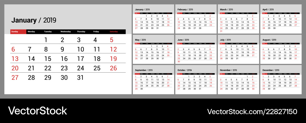 2019 new year calendar in clean minimal table Vector Image