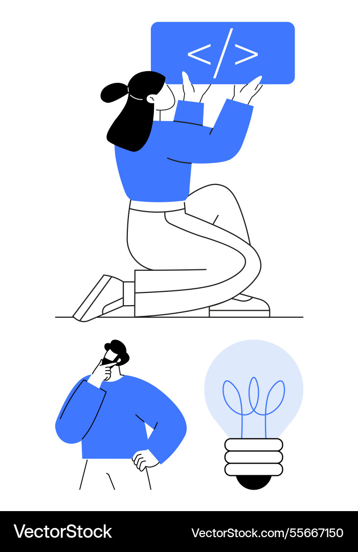 Female programmer kneeling with code sign and man Female programmer kneeling with code sign and man vector image