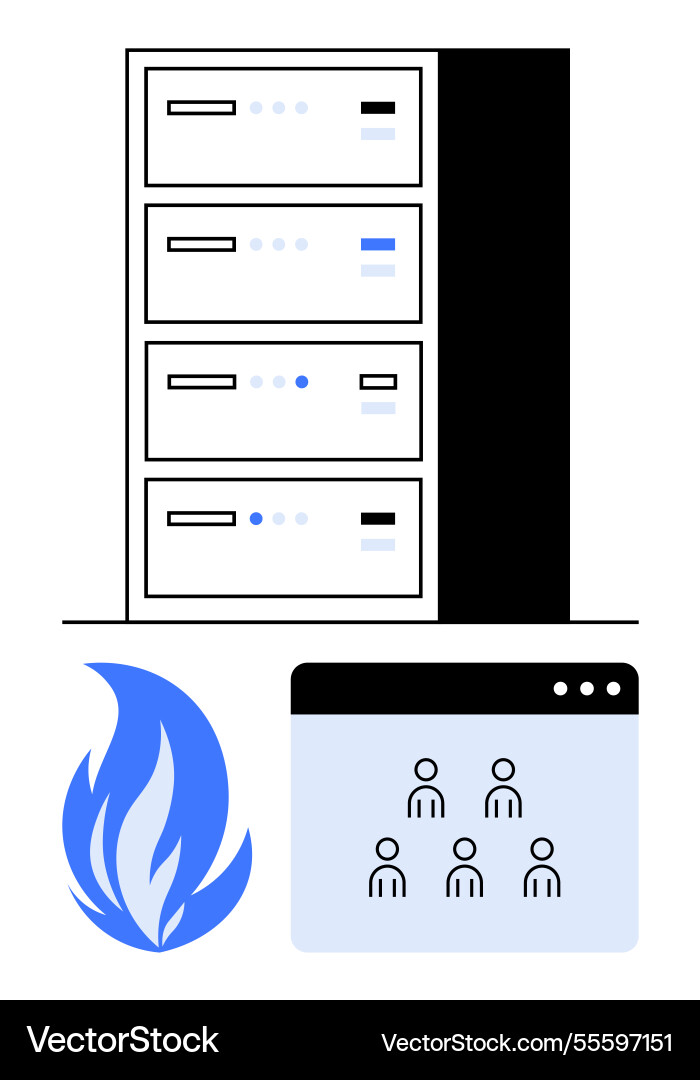 Data server stack with fire alert and user Data server stack with fire alert and user vector image