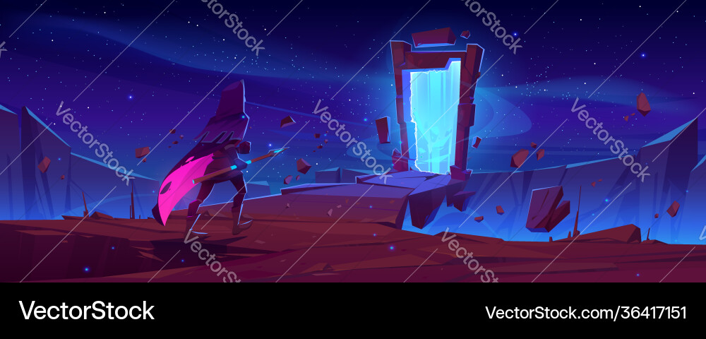 Knight and magic portal in stone frame at night vector image