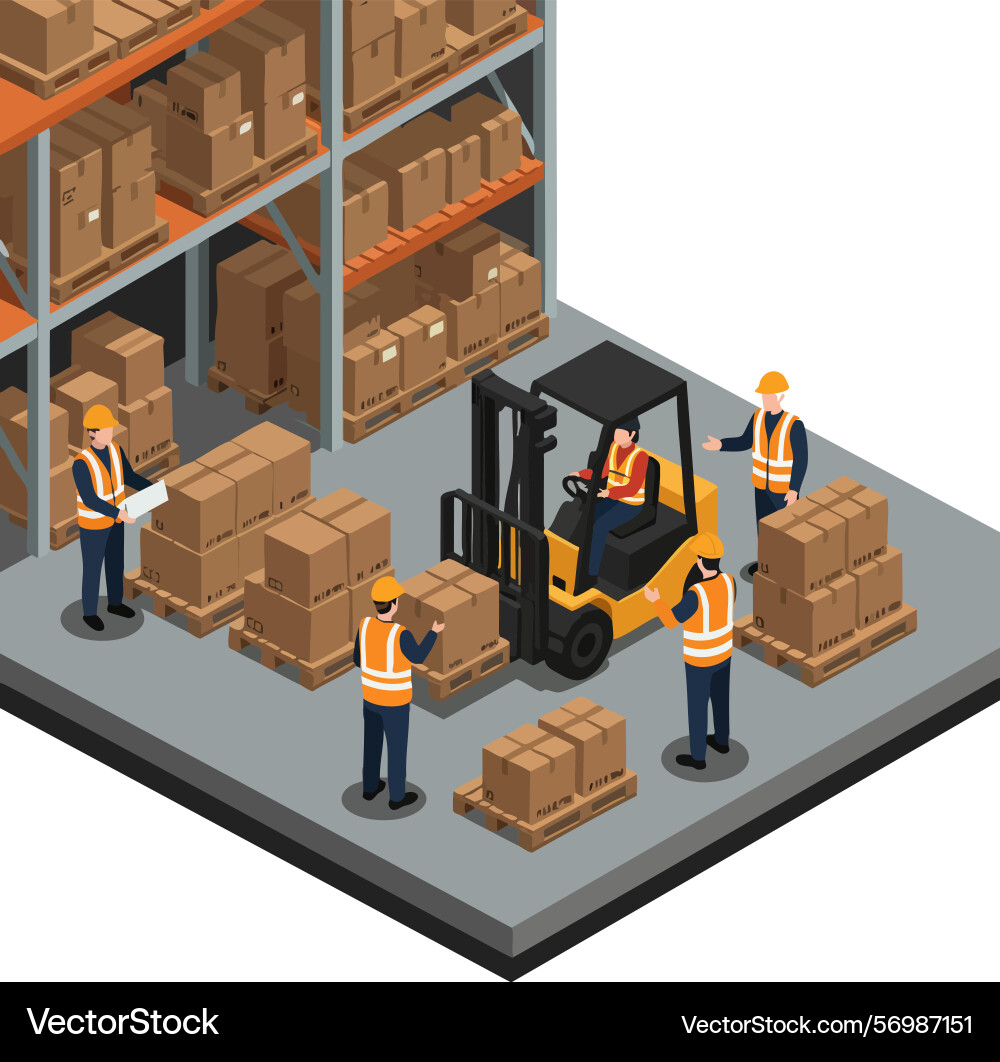 Warehouse workers operating forklift and handling Vector Image