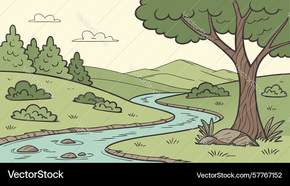 Rustic countryside path with trees and rolling Vector Image