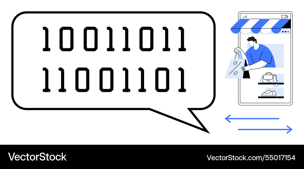 Binary code speech bubble points to online store Binary code speech bubble points to online store Vector Image