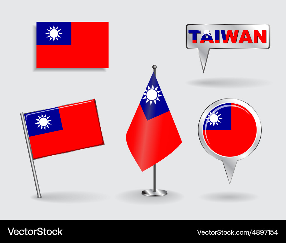 Set of taiwan pin icon and map pointer flags vector image