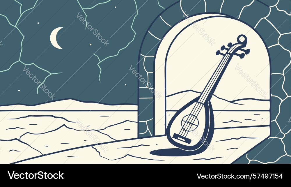 Stringed instrument in ancient archway looking vector image