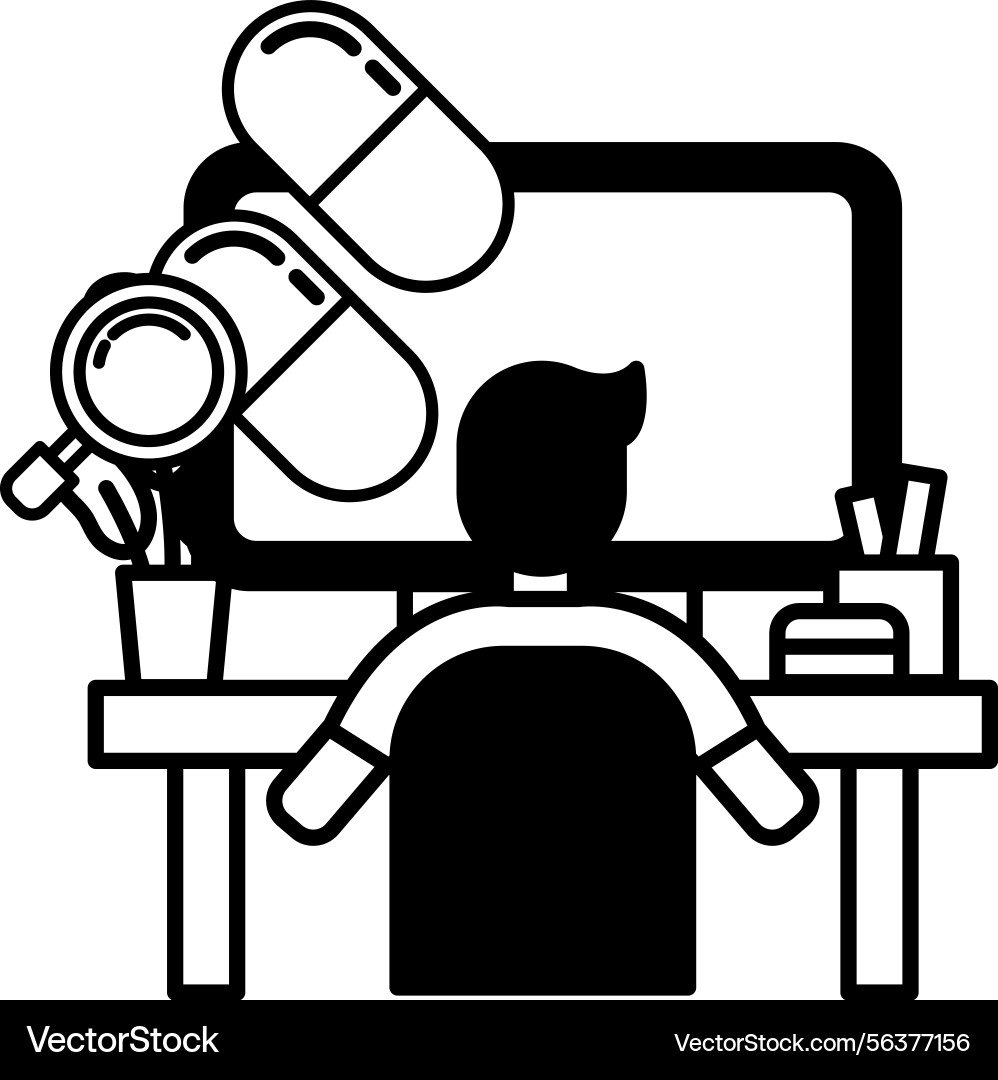 Man is sitting at a desk with computer monitor Vector Image