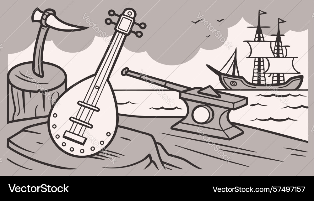 Stringed instrument on anvil in workshop vector image