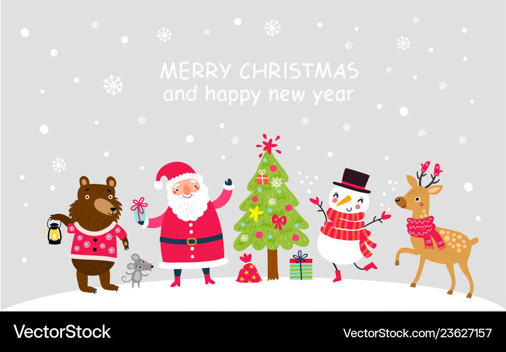 Weihnachtsposter mit Santa und niedlichen Charakteren Weihnachtsposter mit Santa und niedlichen Charakteren vektorbild