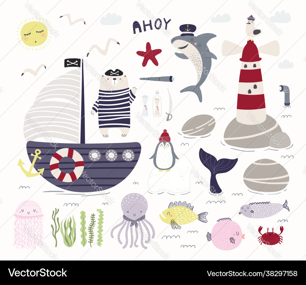 Ocean clipart set bear pirate ship lighthouse Ocean clipart set bear pirate ship lighthouse vector image