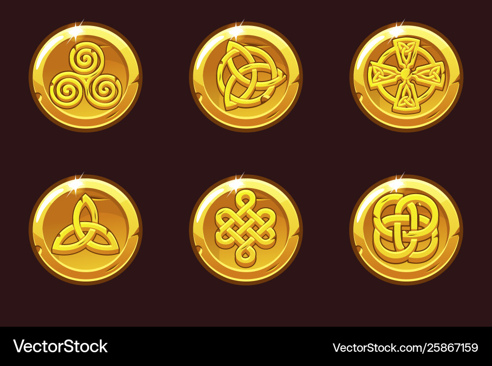 Coins with celtic symbols cartoon set Coins with celtic symbols cartoon set vector image