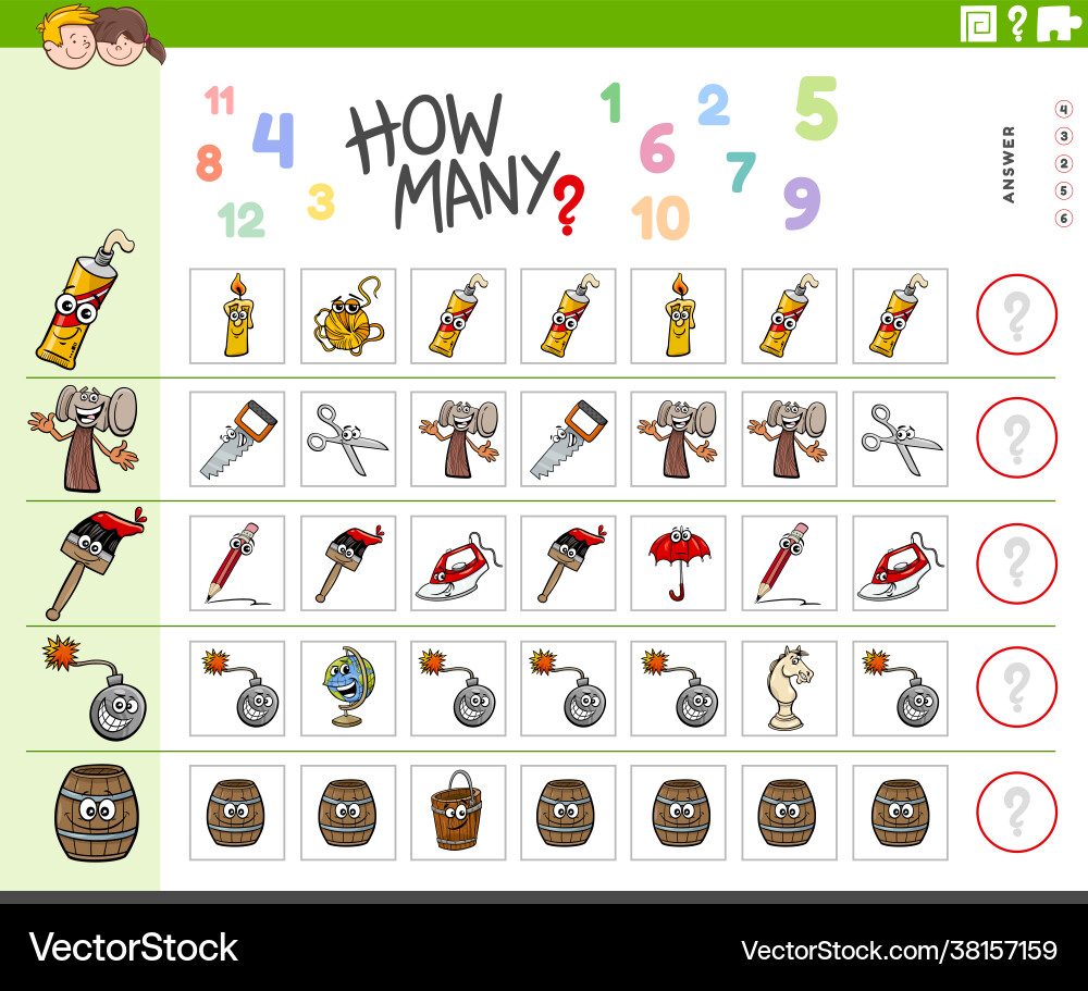 Counting task for children with cartoon objects Counting task for children with cartoon objects vector image
