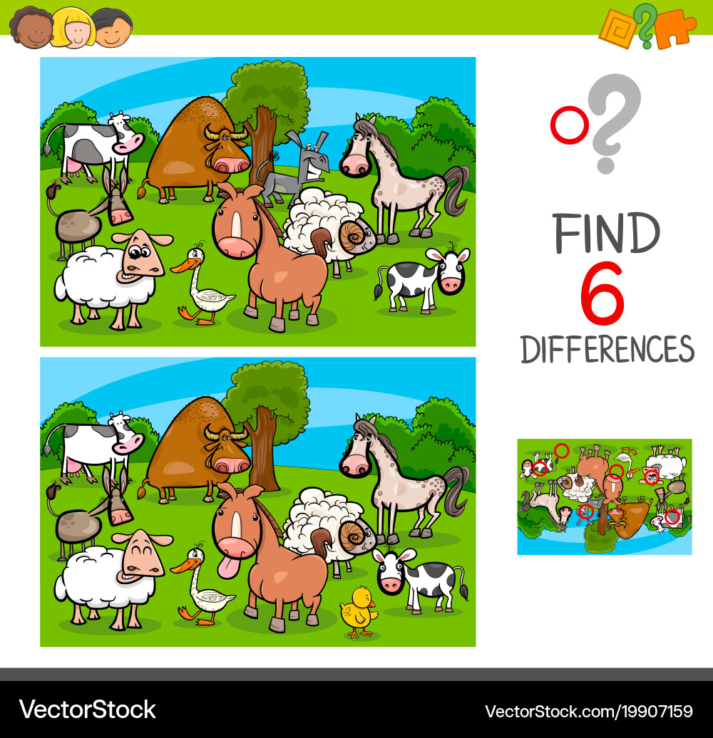 Differences game with farm animal characters Vector Image