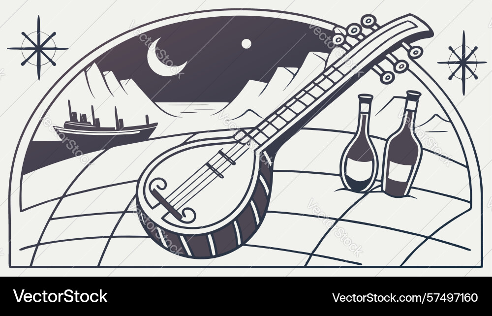 Stringed instrument in globe with wine bottles vector image