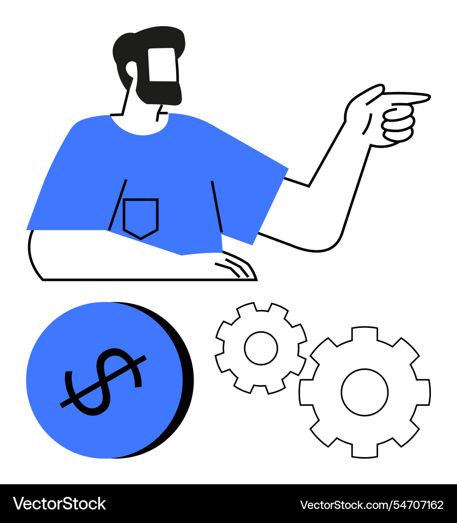 Man pointing with dollar sign and gears Man pointing with dollar sign and gears Vector Image