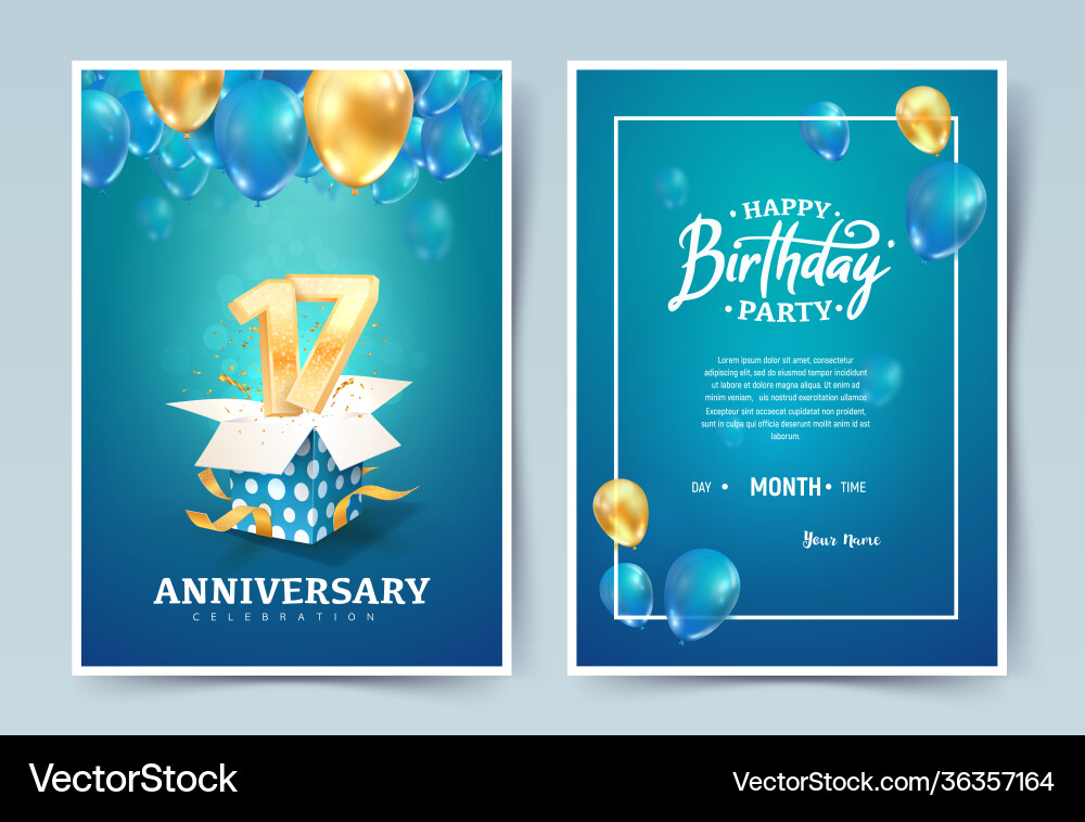 17th years birthday invitation double card 17th years birthday invitation double card vector image
