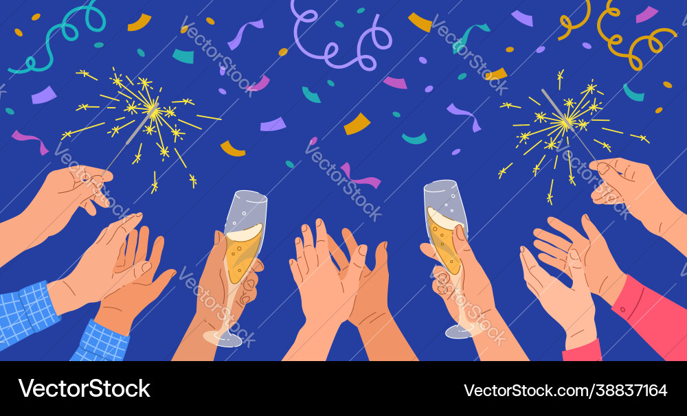 Hands with champagne glasses sparklers celebration Hands with champagne glasses sparklers celebration vector image