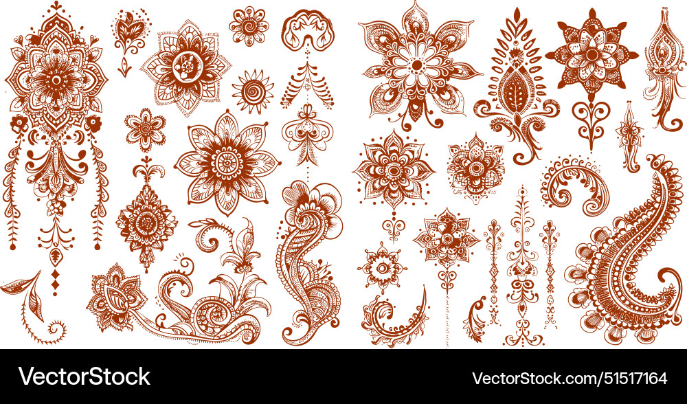 Henna tattoos ink sketch set flowers leafs Henna tattoos ink sketch set flowers leafs vector image