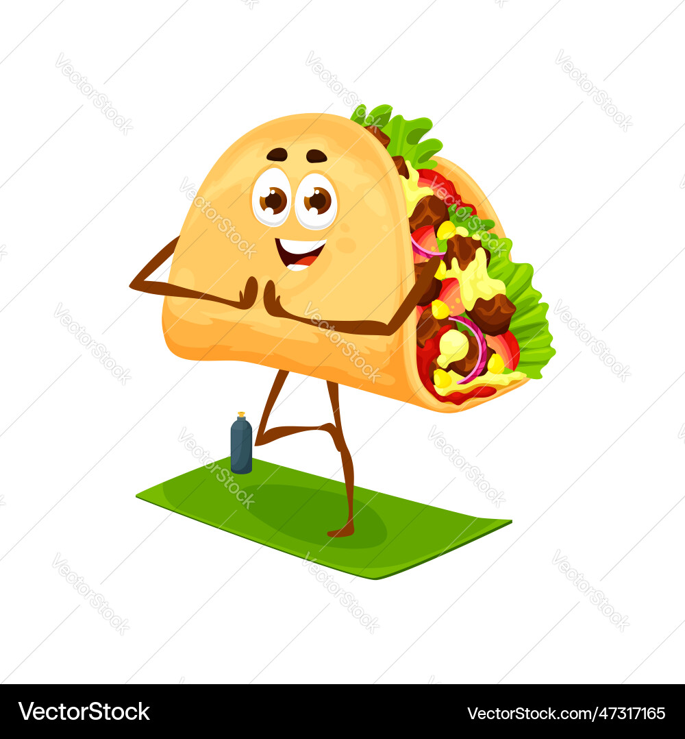 Cartoon mexican taco character on yoga or pilates vector image