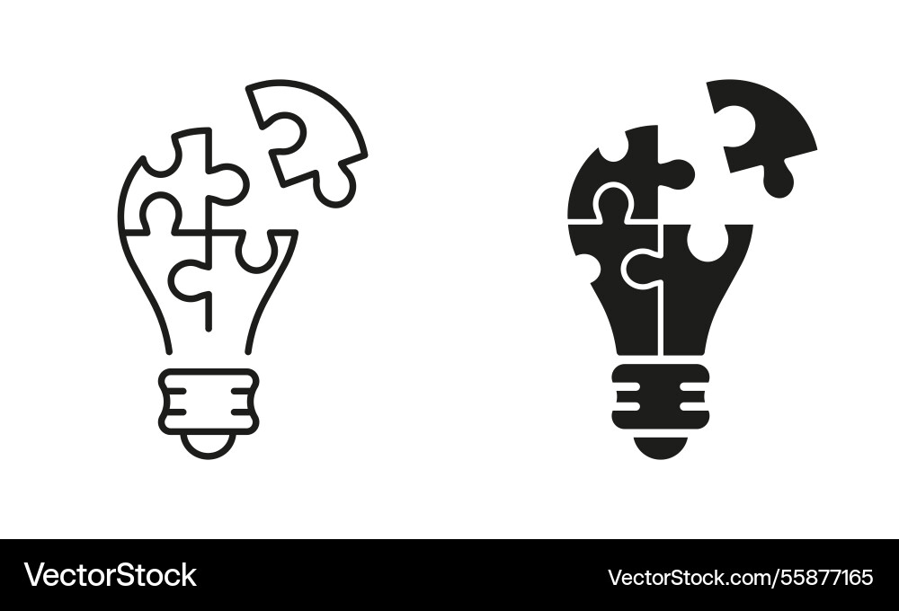 Puzzle in lightbulb shape line and silhouette icon Vector Image
