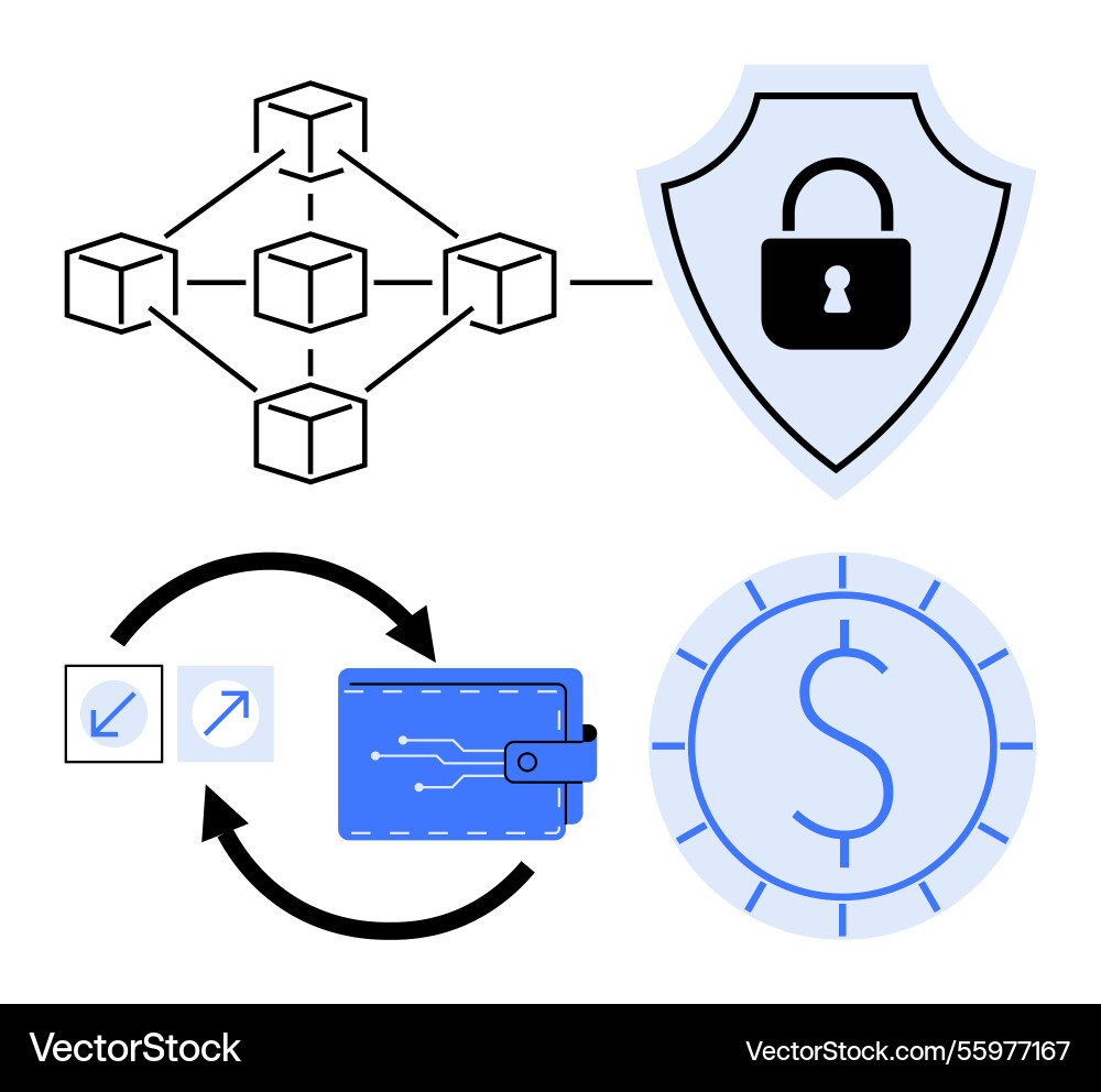 Blockchain network with wallet transactions Blockchain network with wallet transactions vector image