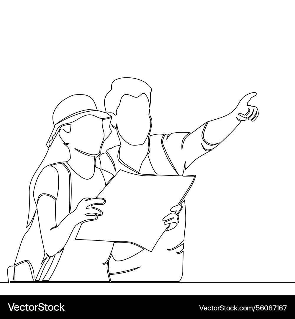 Continuous line traveling couple explores with map Continuous line traveling couple explores with map Vector Image