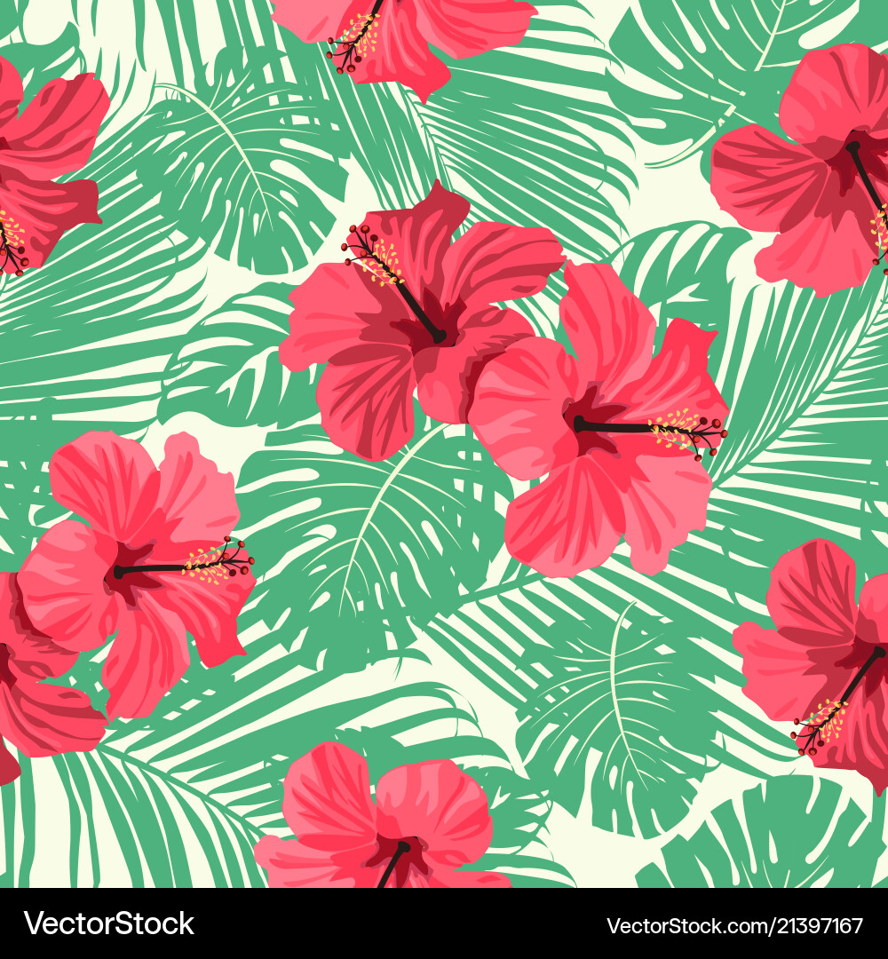 Tropical Palm Leaves & Hibiscus Vector Image