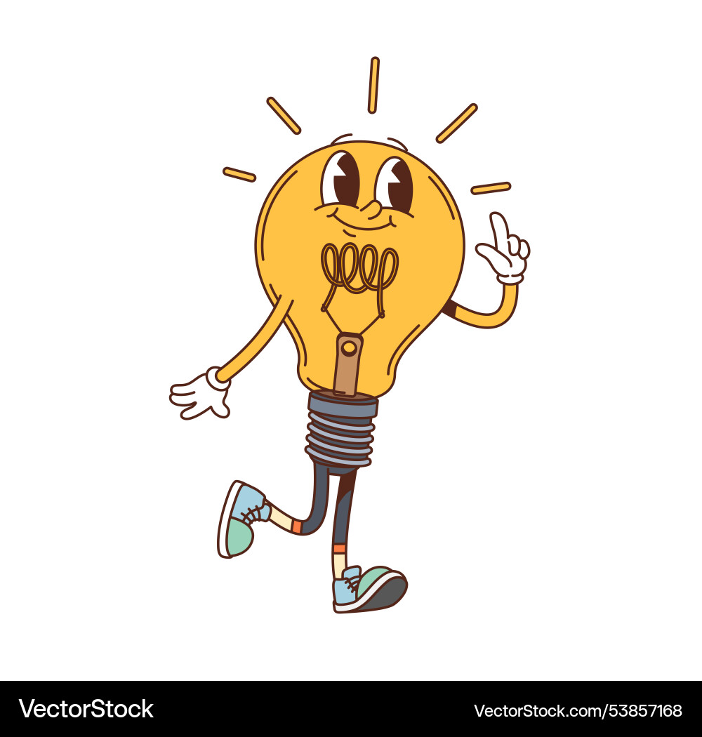 Groovy light bulb character with pointing finger Groovy light bulb character with pointing finger vector image