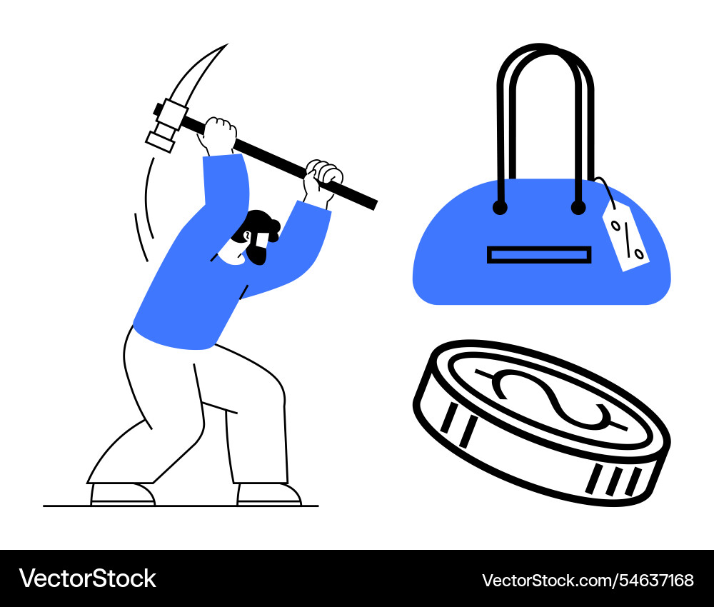 Miner extracting cryptocurrency with pickaxe Vector Image
