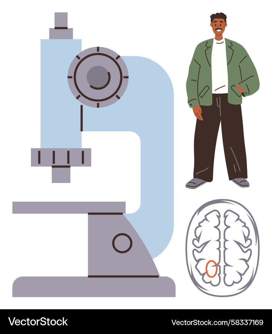 Researcher with Microscope and Brain Scan Vector Image