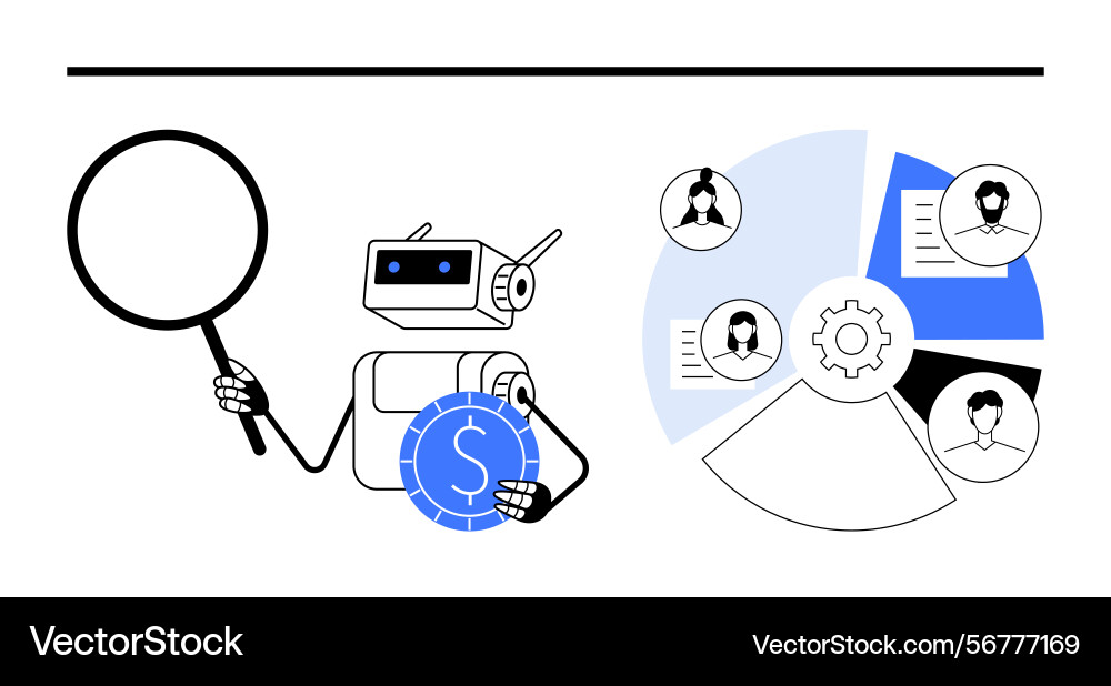 Robot analyzing financial data with magnifying Vector Image