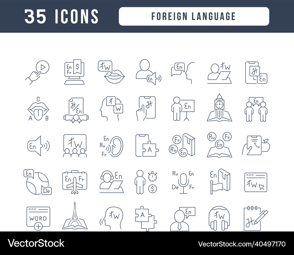 Set of linear icons foreign language Set of linear icons foreign language vector image
