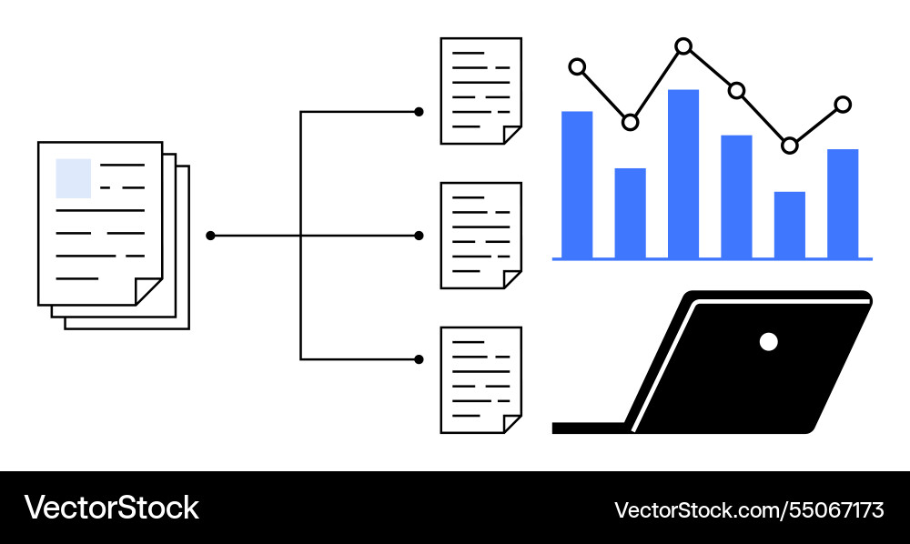Data analysis workflow featuring document Data analysis workflow featuring document Vector Image
