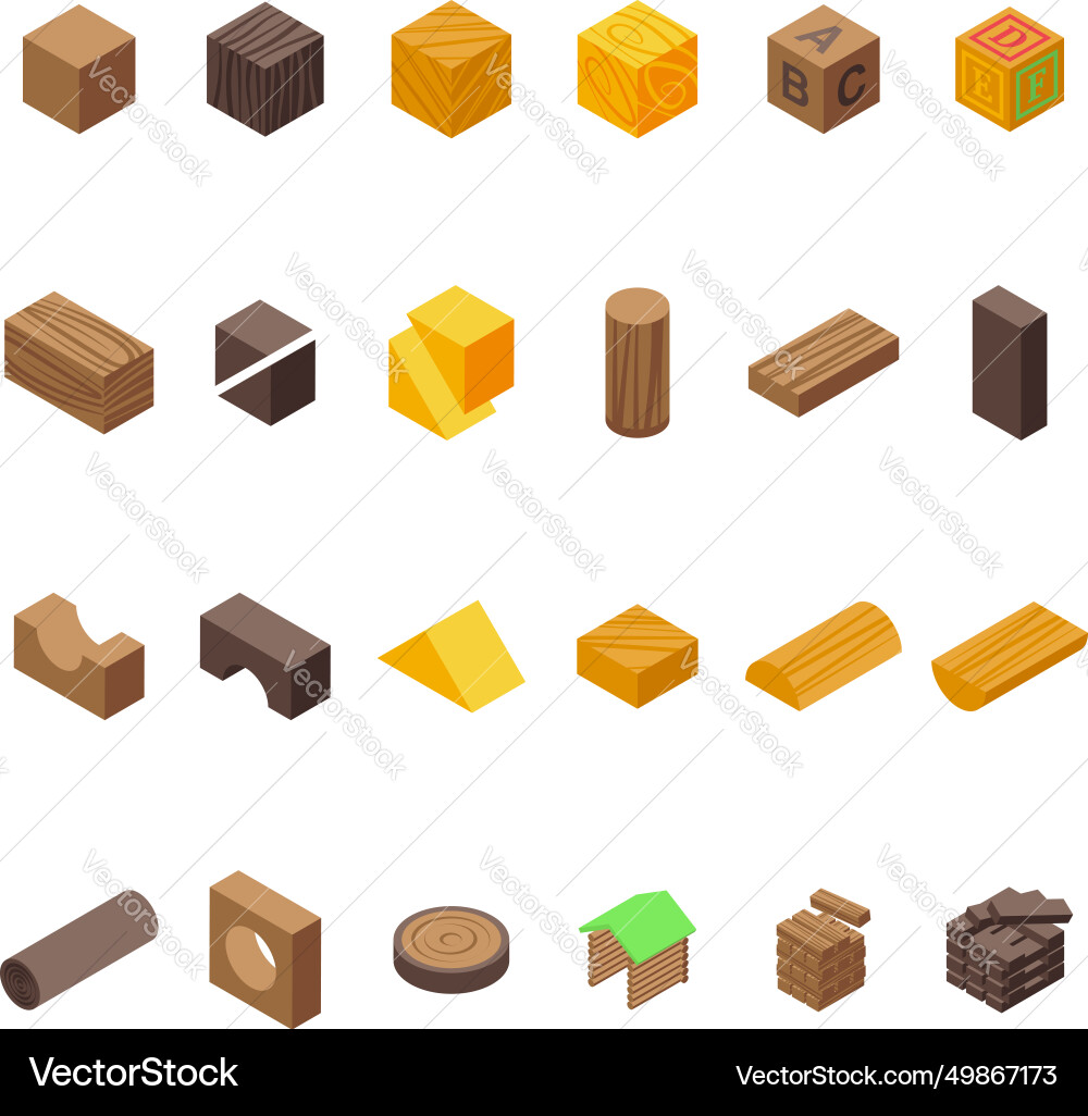 Wood cube block icons set isometric game Wood cube block icons set isometric game Vector Image