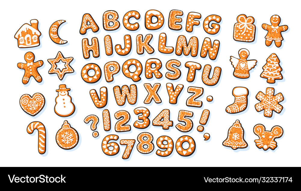 Christmas and new year gingerbread alphabet Christmas and new year gingerbread alphabet vector image