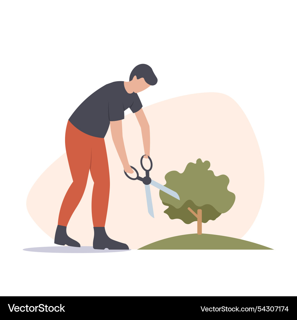 Man trimming a tree with scissors in garden Man trimming a tree with scissors in garden Vector Image