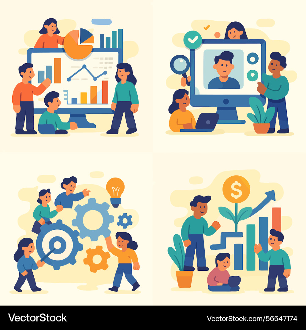 Teamwork and growth concept with data analysis Teamwork and growth concept with data analysis Vector Image