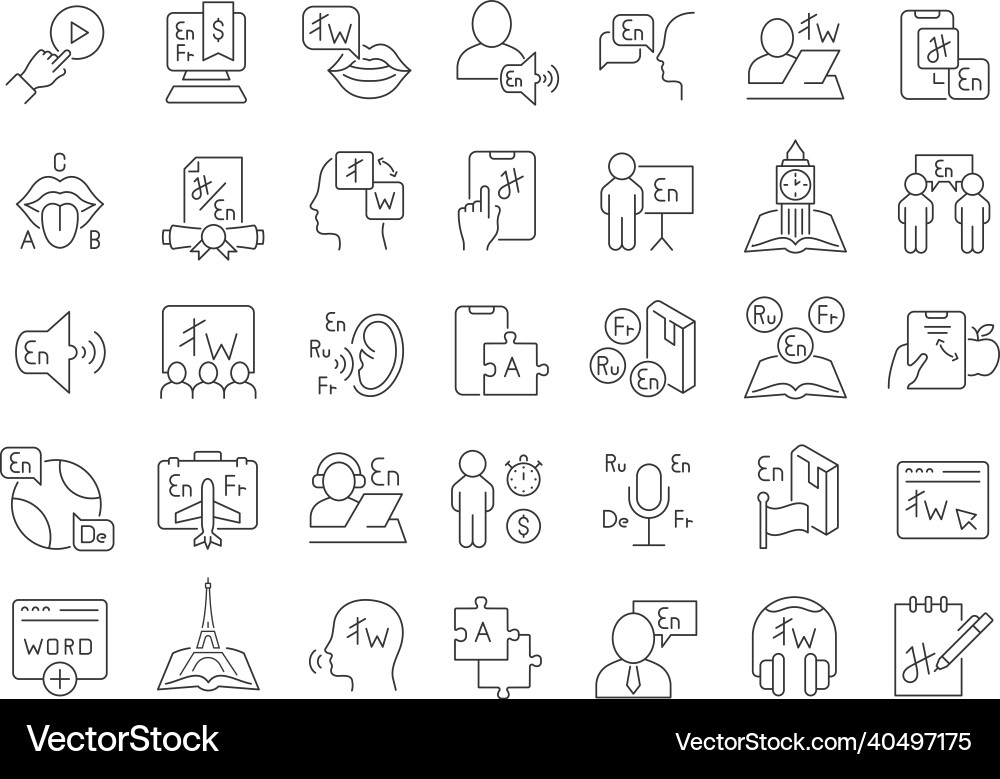 Set of linear icons foreign language Set of linear icons foreign language Vector Image