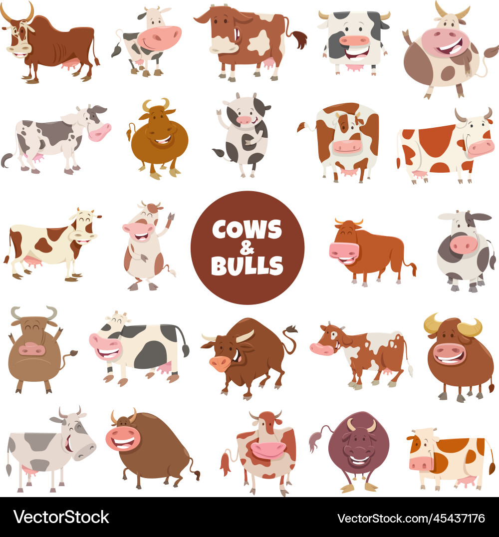 Cartoon funny cows and bulls farm animals big set Cartoon funny cows and bulls farm animals big set vector image