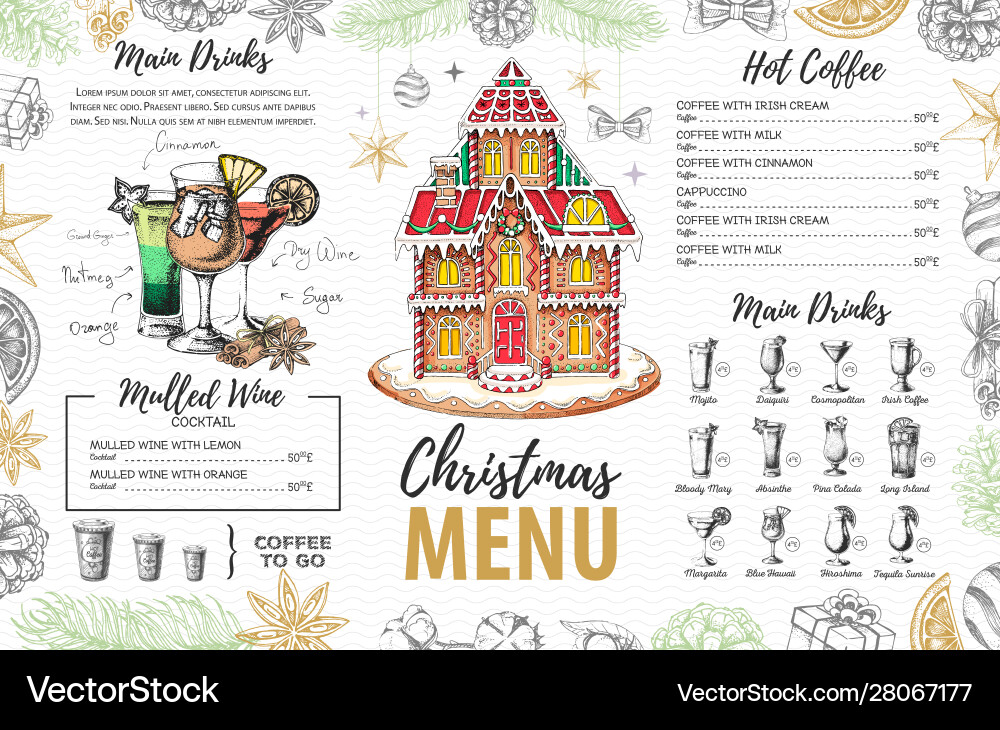 Christmas menu design with sweet gingerbread house Christmas menu design with sweet gingerbread house vector image