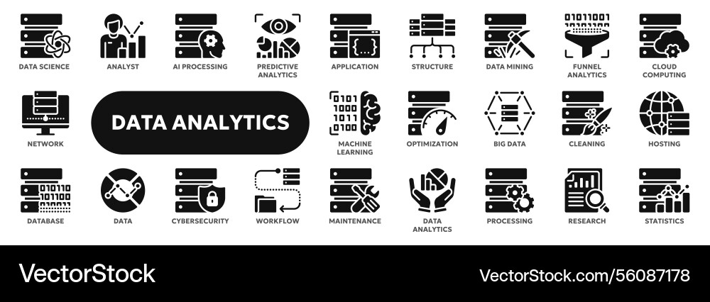 Solid icons of data analytics and statistics Solid icons of data analytics and statistics vector image