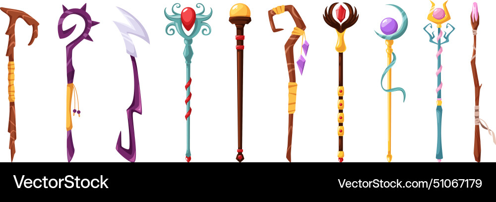 Magic wizard sticks magical staff weapon Magic wizard sticks magical staff weapon vector image