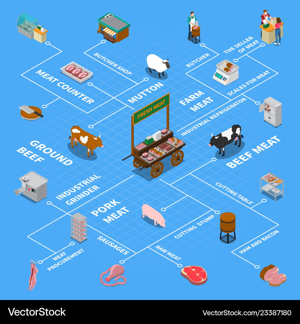 Isometric butchery icons flowchart Isometric butchery icons flowchart vector image