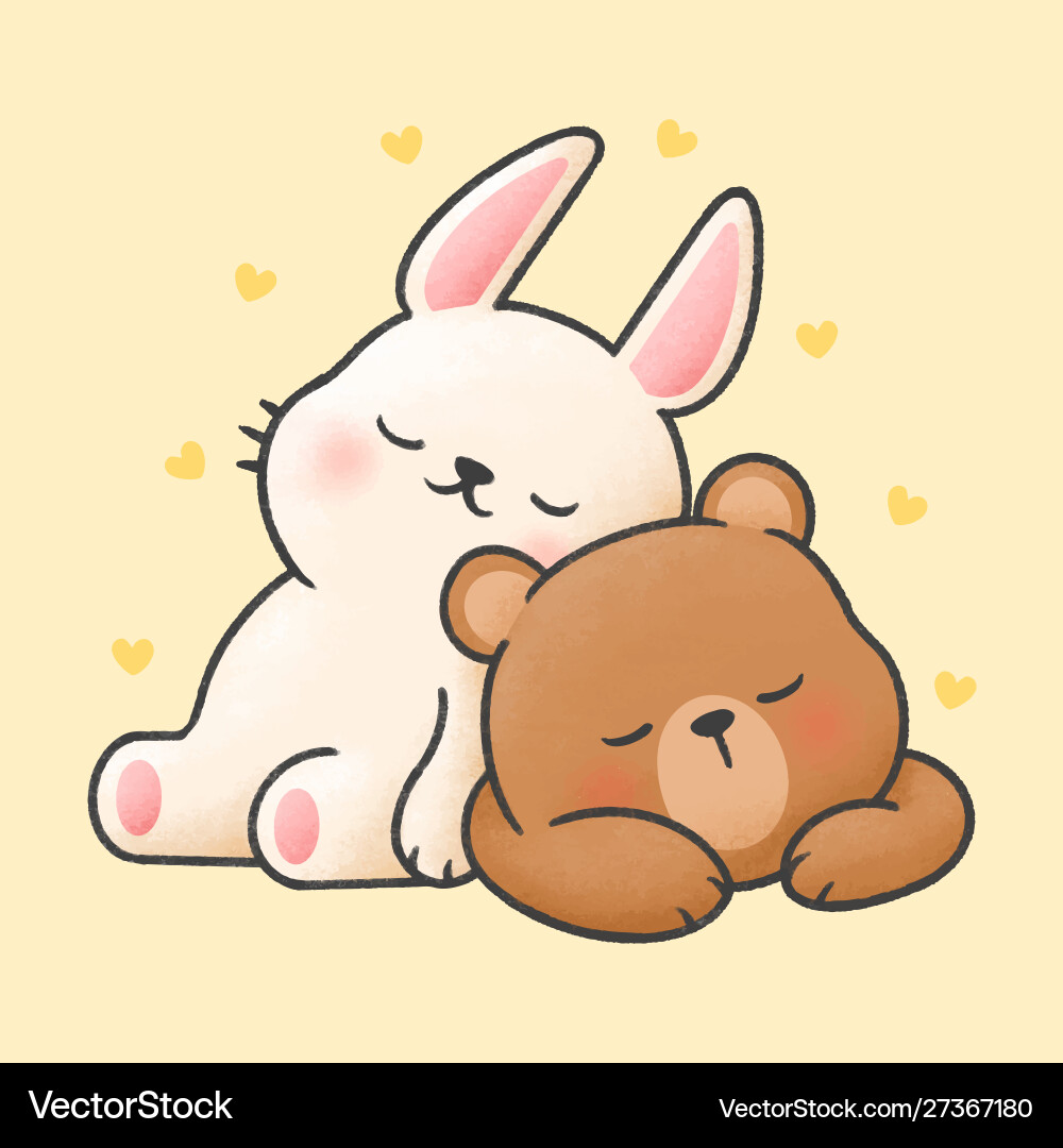 Rabbit and bear sleeping together cartoon hand Rabbit and bear sleeping together cartoon hand vector image