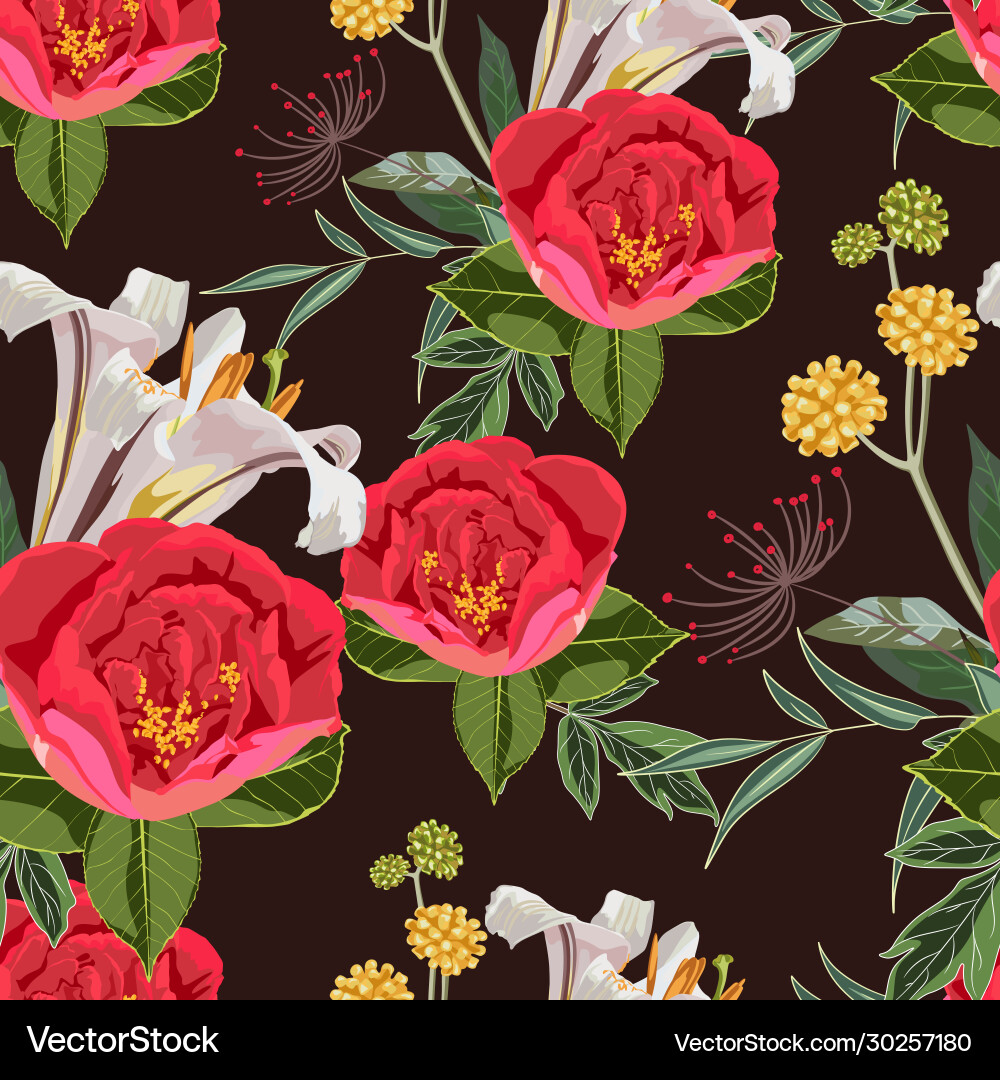 Seamless pattern with red peony lilies flowers Seamless pattern with red peony lilies flowers Vector Image